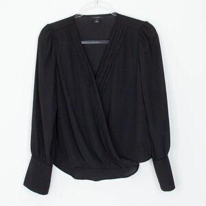 Halogen Womens Black Long Sleeve Faux‎ Wrap Pleated Blouse Size S Whimsigoth